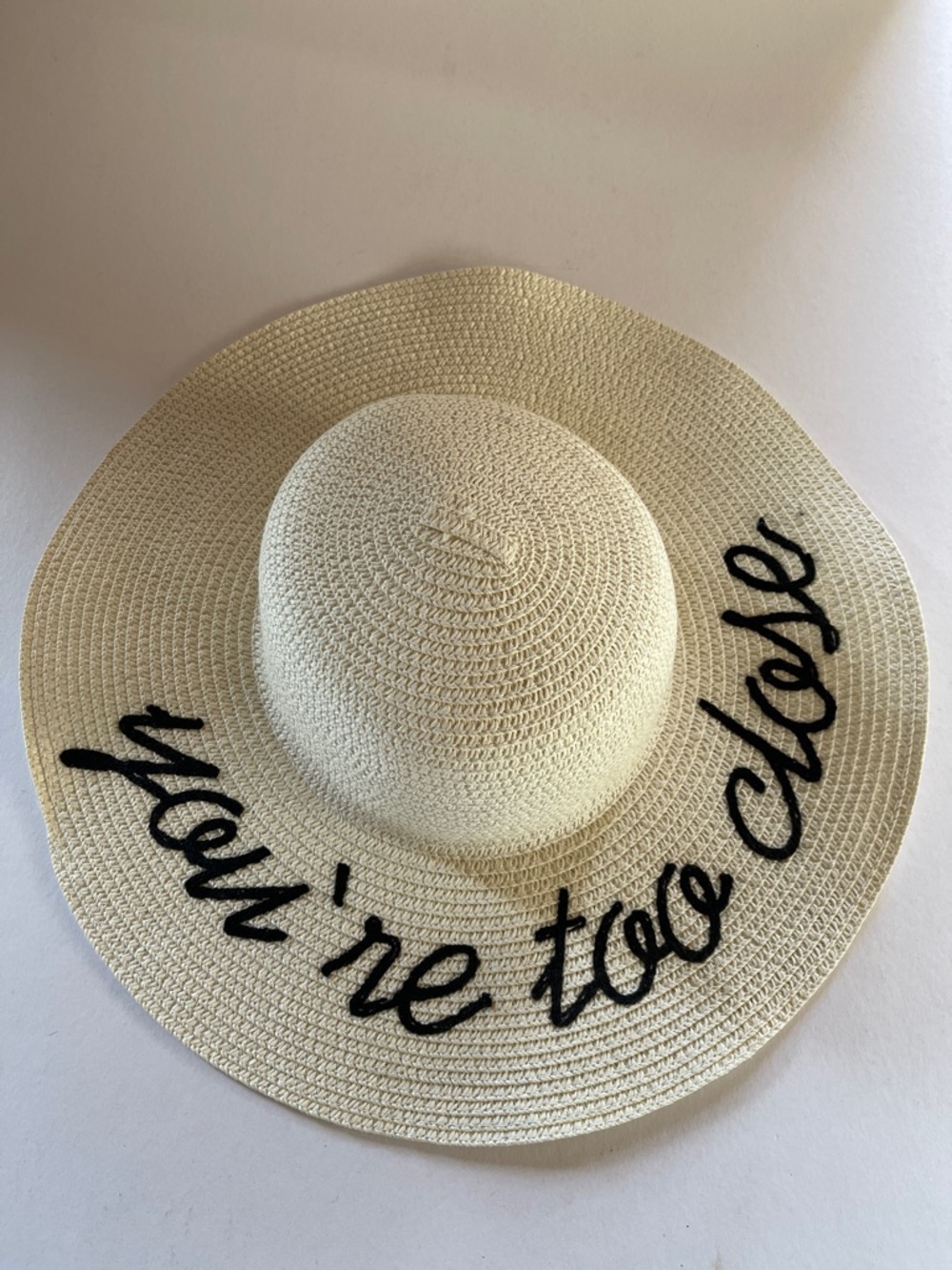 Wide Brim Straw Sun Hat with 'You're Too Close' Script
